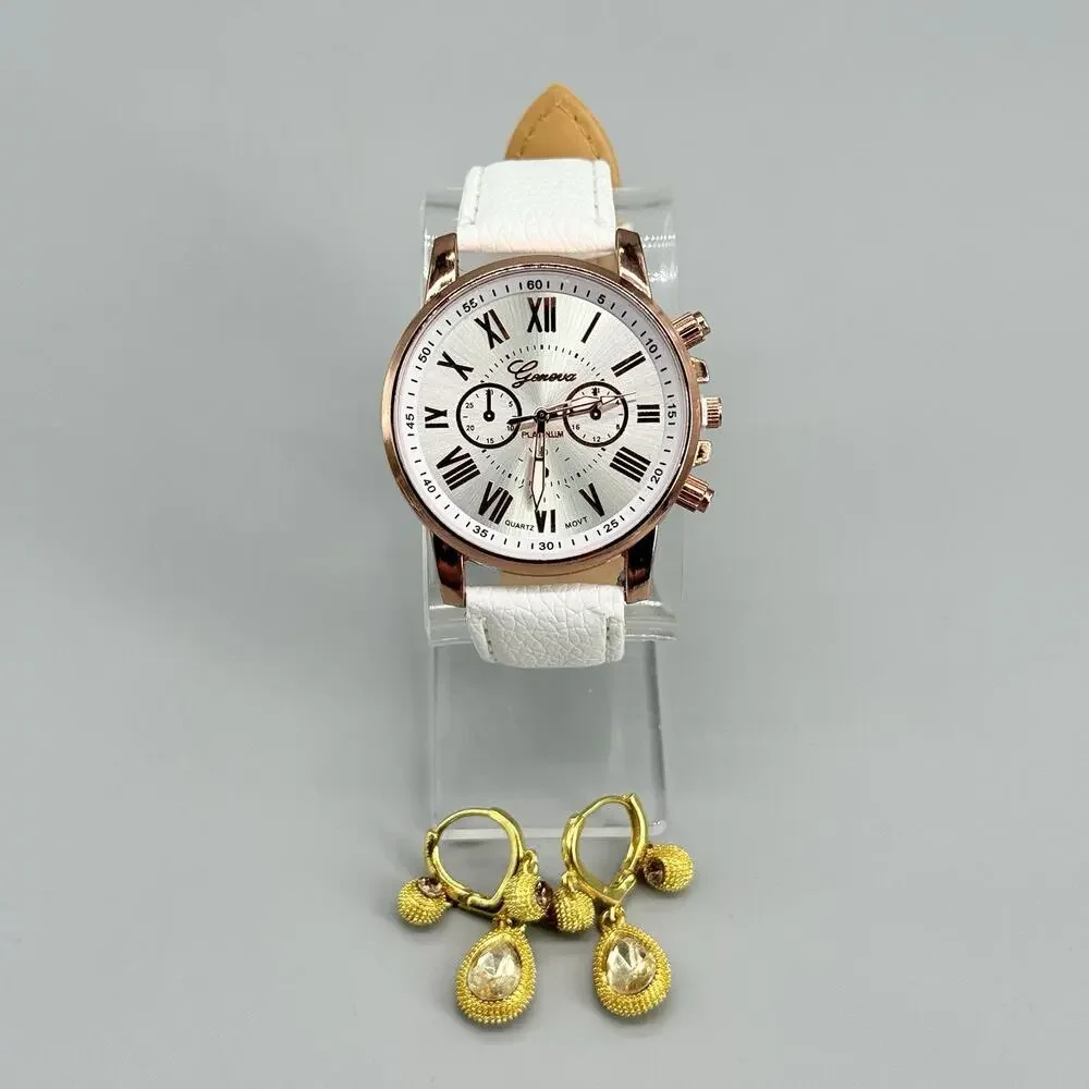 Geneva Womens Rose Gold Tone Watch White Strap Quartz Roman Numerals Earring Set